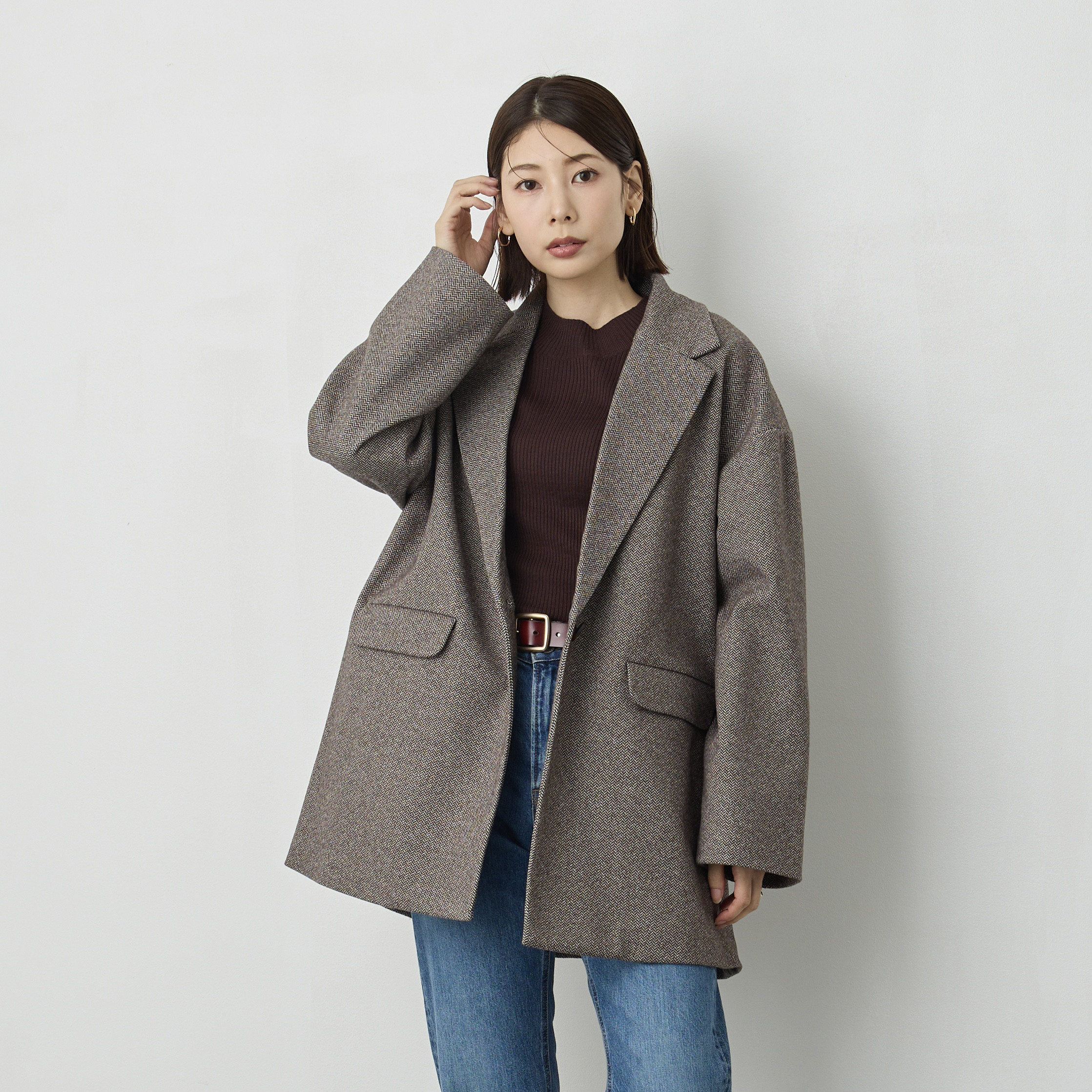 《驚くほど軽くて着やすい》オーバージャケットコート　ブラウンヘリンボーン　暖かいウールライク