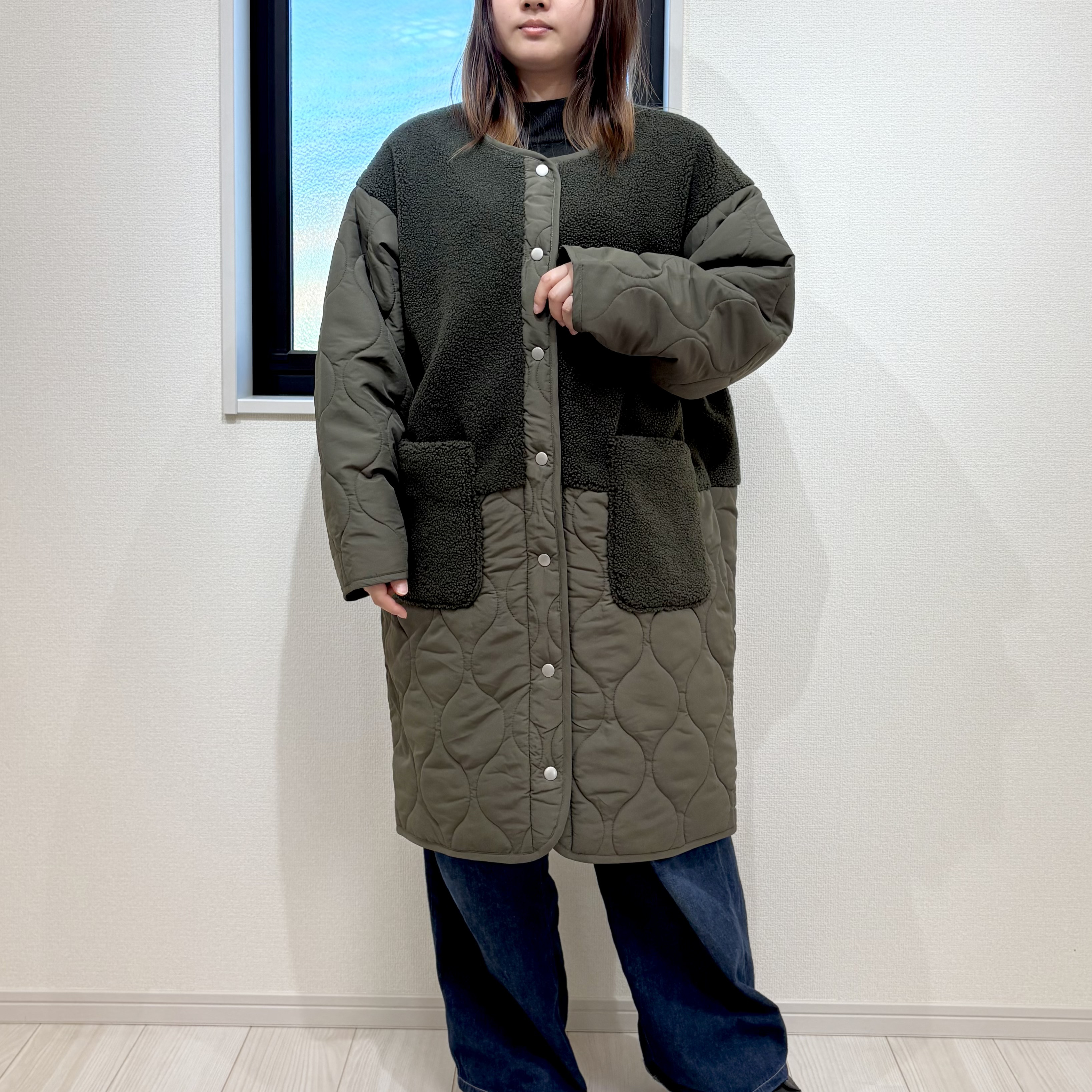 軽量細魅せアウター！ボア切替え　キルティングコート　ゆったり　カーキ