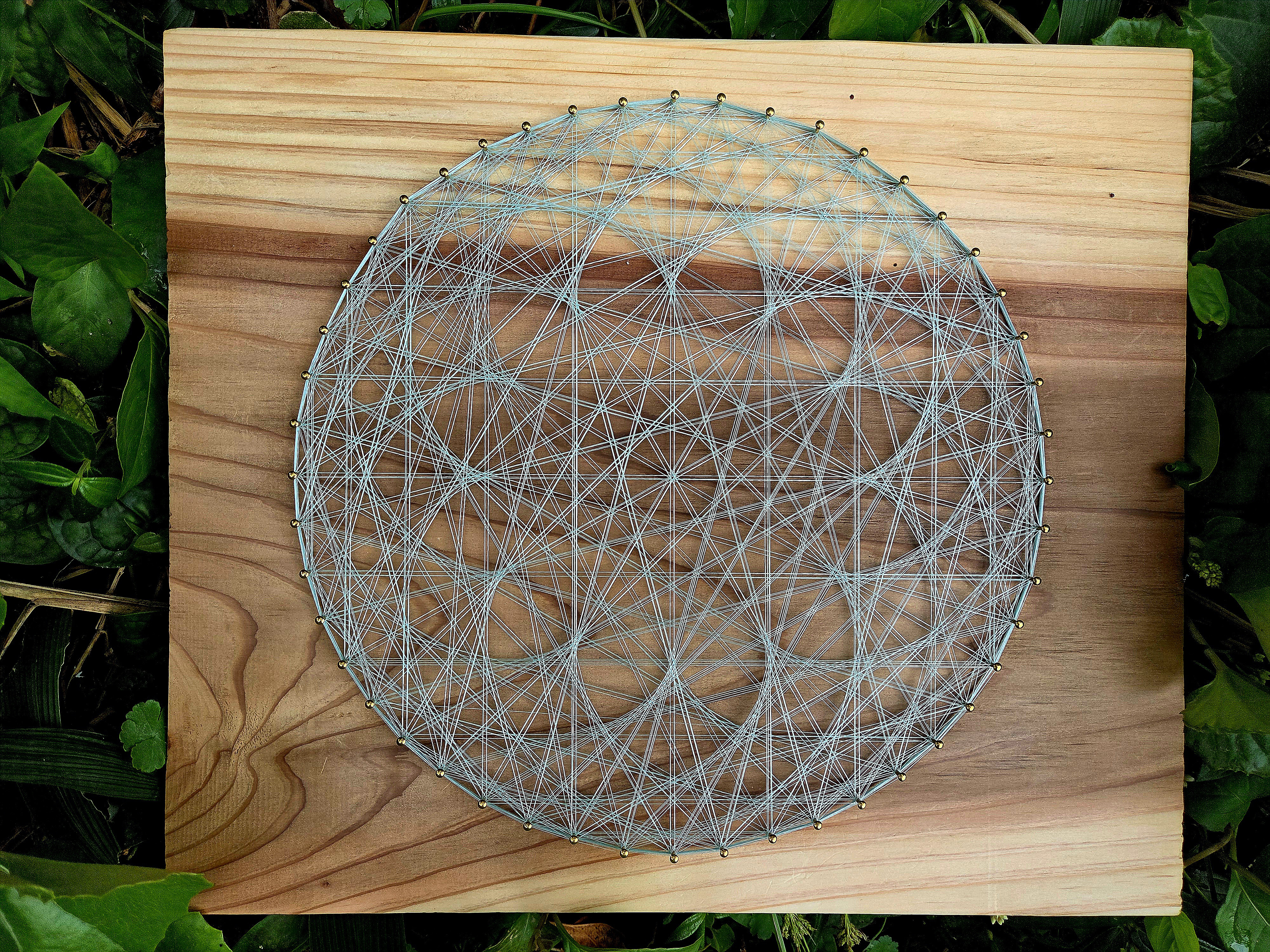 屋久島地杉板　草木染シルクの糸かけ曼荼羅