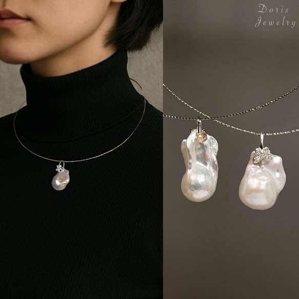 『7本限定』 両面で使える華奢チョーカー　大粒バロックパール　真珠　天然石　一点物　シルバー 925 送料無料 1枚目の画像