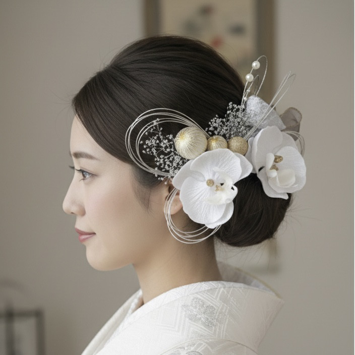 純白胡蝶蘭×シルバー/ 成人式 /結婚式 /卒業式/ 七五三/ 髪飾り 振袖 袴 着物 色打掛 和装