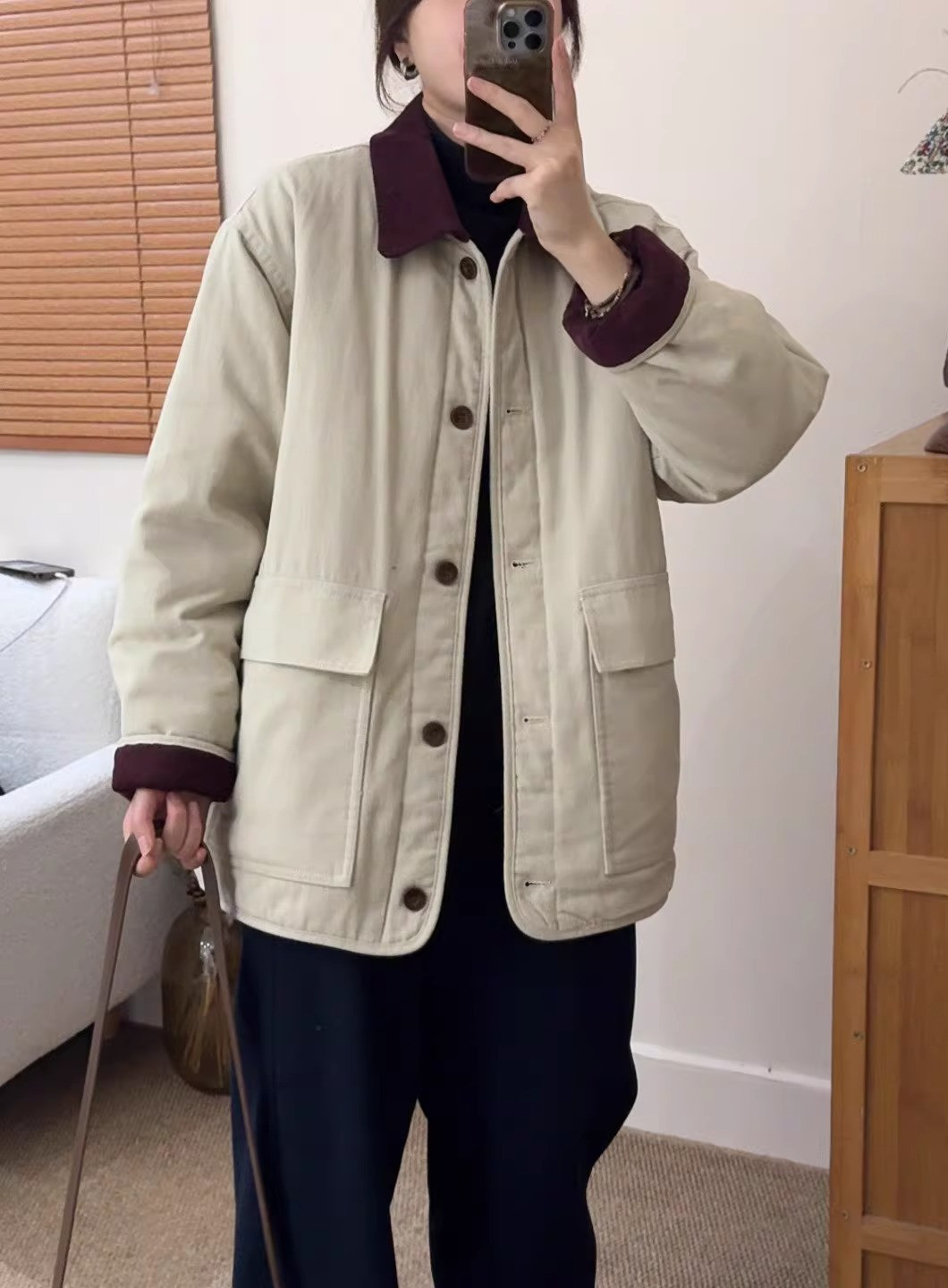 レディース コーデュロイ襟 中綿ジャケット ワークスタイル 配色 オーバーサイズ アウター 厚手 防寒