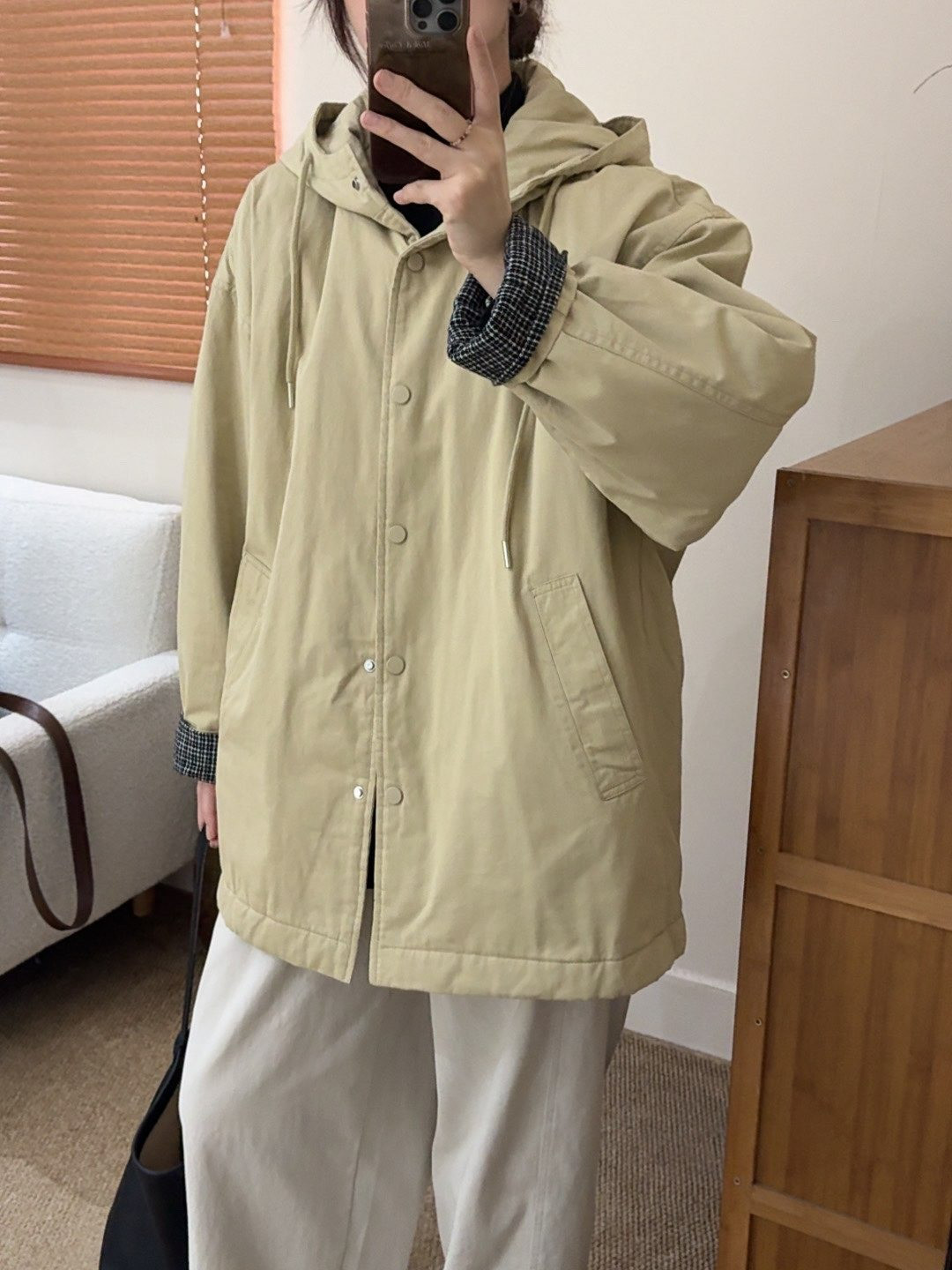 レディース 中綿ジャケット フード付き 袖口裏チェック ドローストリング 低身長 アウター