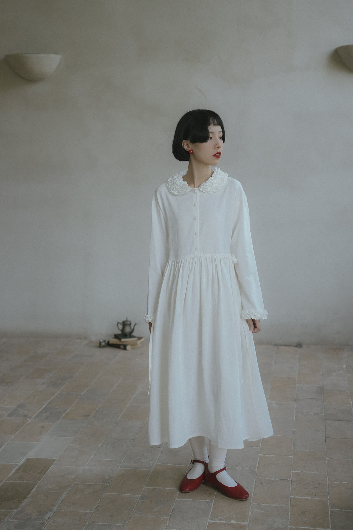 秋冬アンティークウィンザードネックワンピース 2025 新作 モールドフリルロングスリーブレトロドレス 小柄さん向けロン