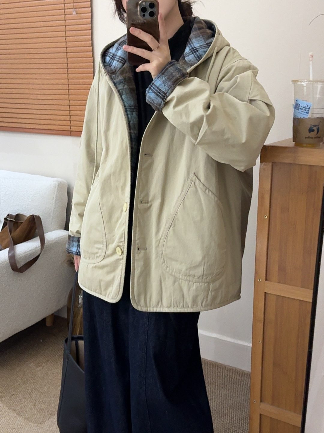 レディース 中綿ジャケット フード付き 裏地ブルーチェック スラッシュポケット アウター