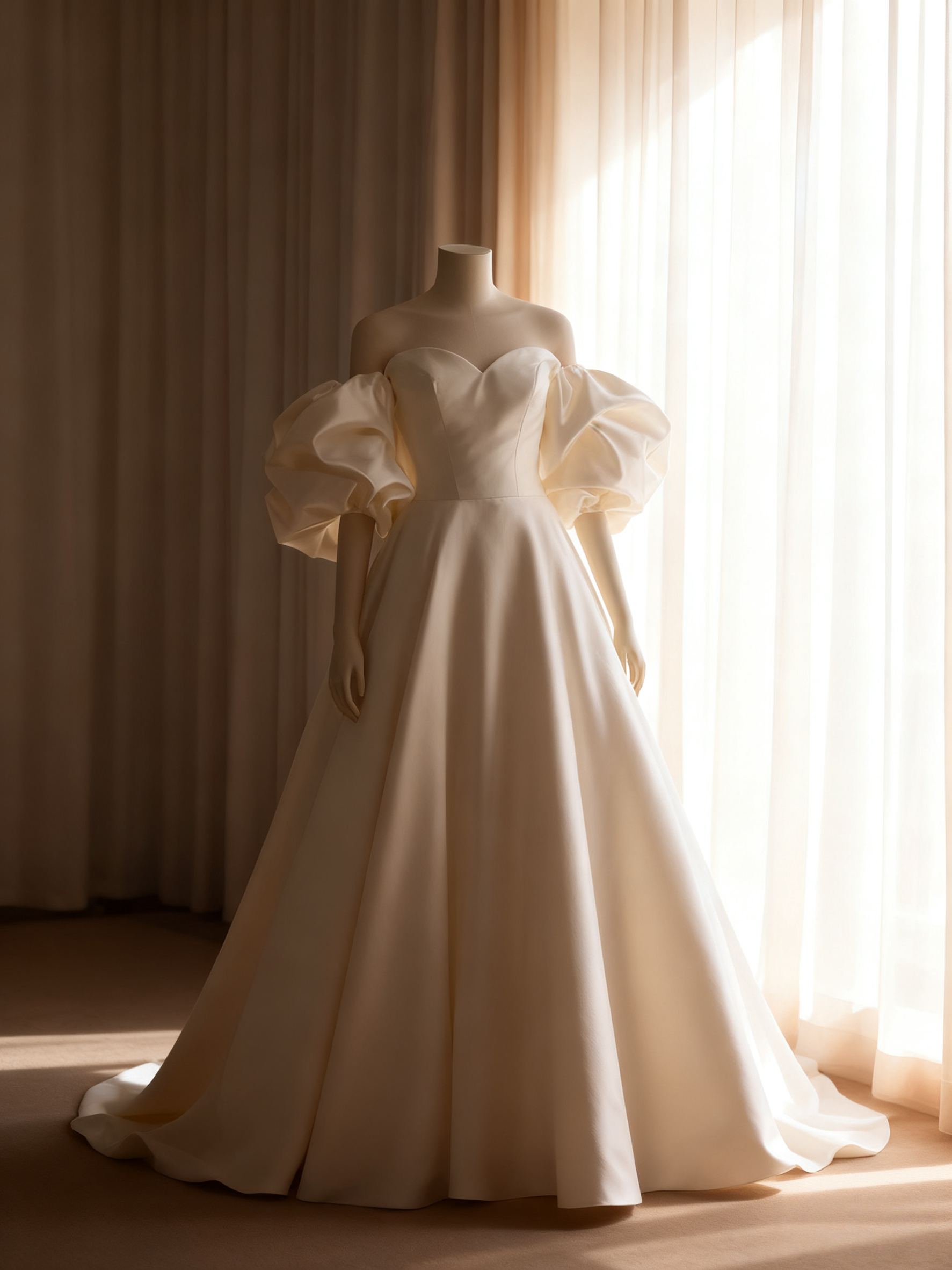 ウェディングドレス ベアトップ パフスリーブ Aライン ロイヤルサテン 大人っぽい 結婚式/披露宴