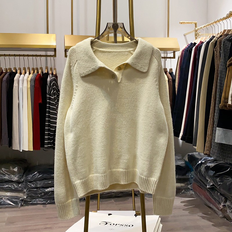 レディース 襟付き ニット アプリコットカラー ゆったり トップス