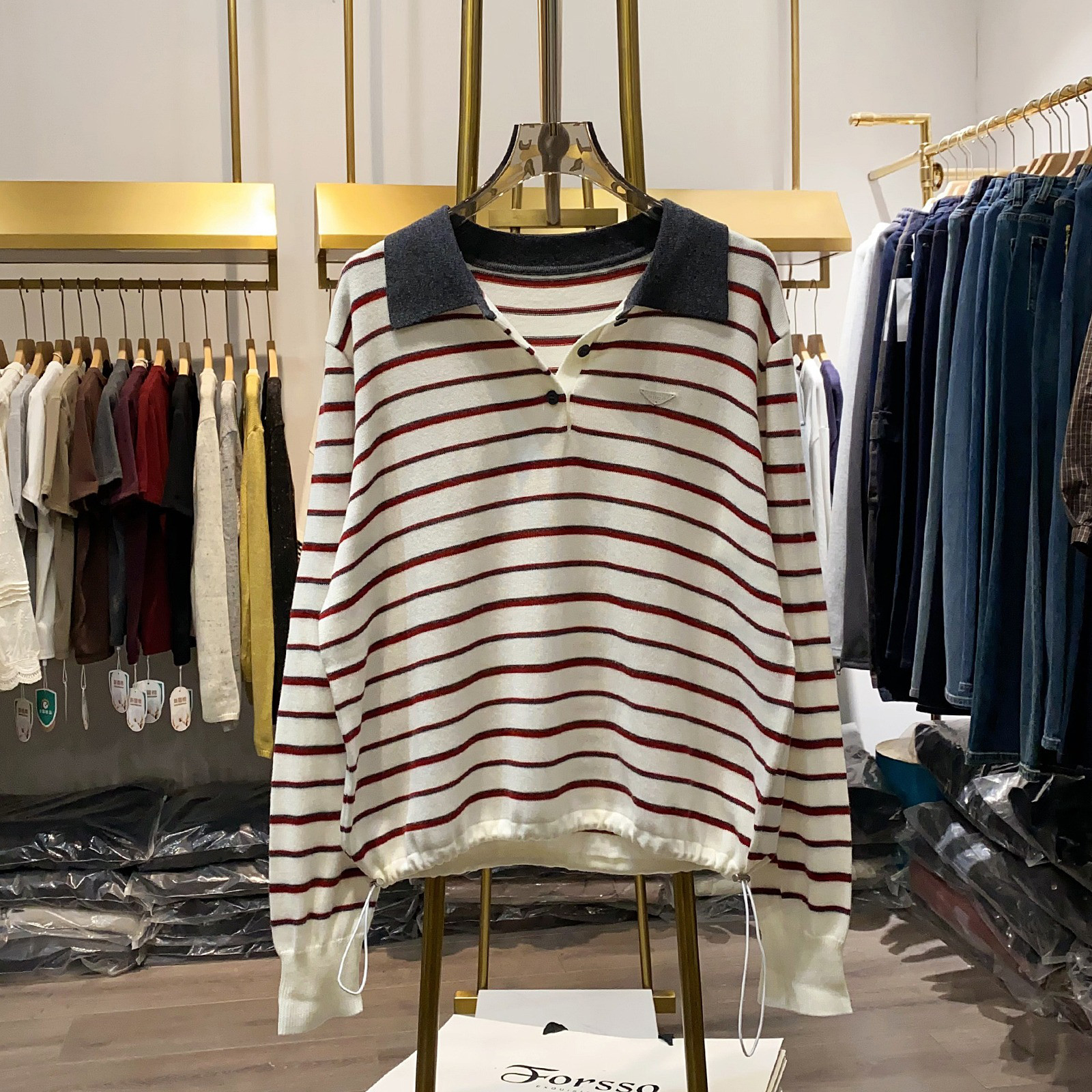 レディース ポロネック Tシャツ 長袖 ボーダー 配色 トップス