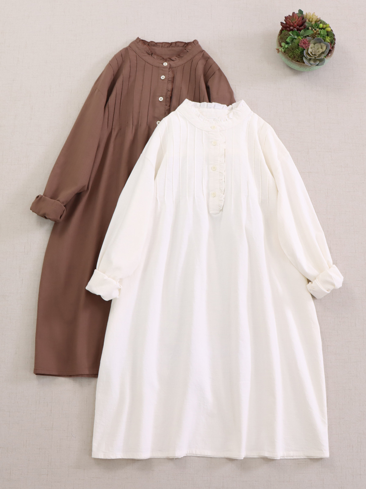 秋冬の新作ピュアカラー木耳ネック半開き長袖ワンピースゆったりとしたオールインワン