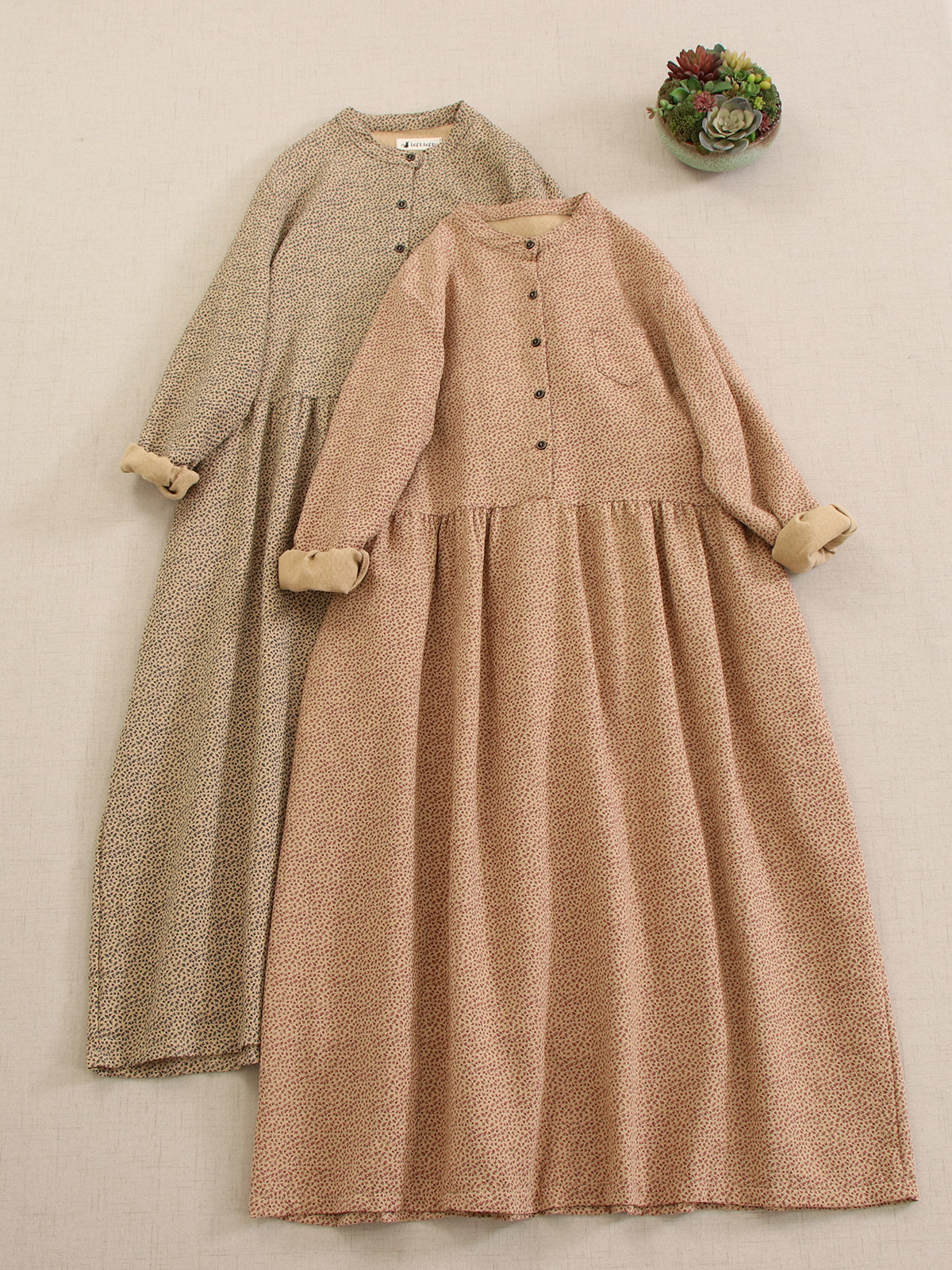 秋冬新作花柄半開き襟長袖ワンピースゆったり百合レトロカジュアルヘッダースカート