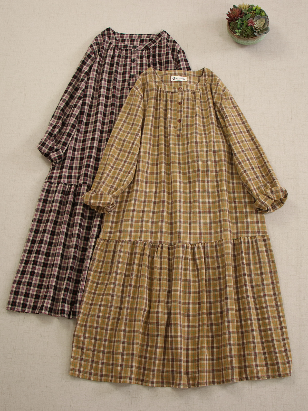 秋冬新柄 ヴィンテージチェックロングスリーブワンピース ルーズで汎用性高く ハーフネックデザインでスリム効果 プルオーバ