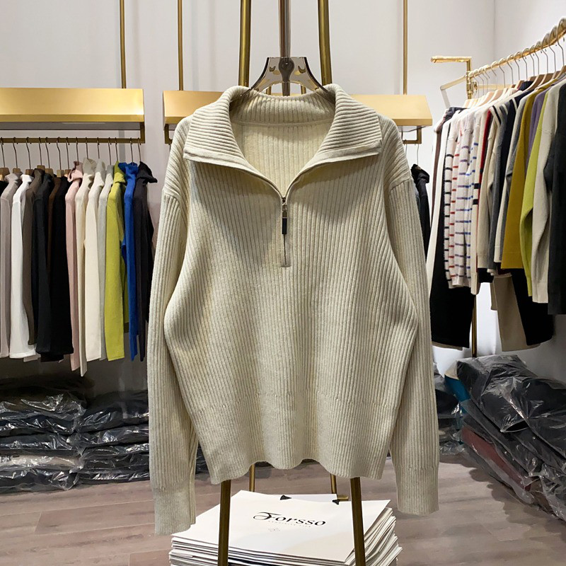 レディース ハーフジップ ニットプルオーバー 襟付き 無地 ゆったり トップス