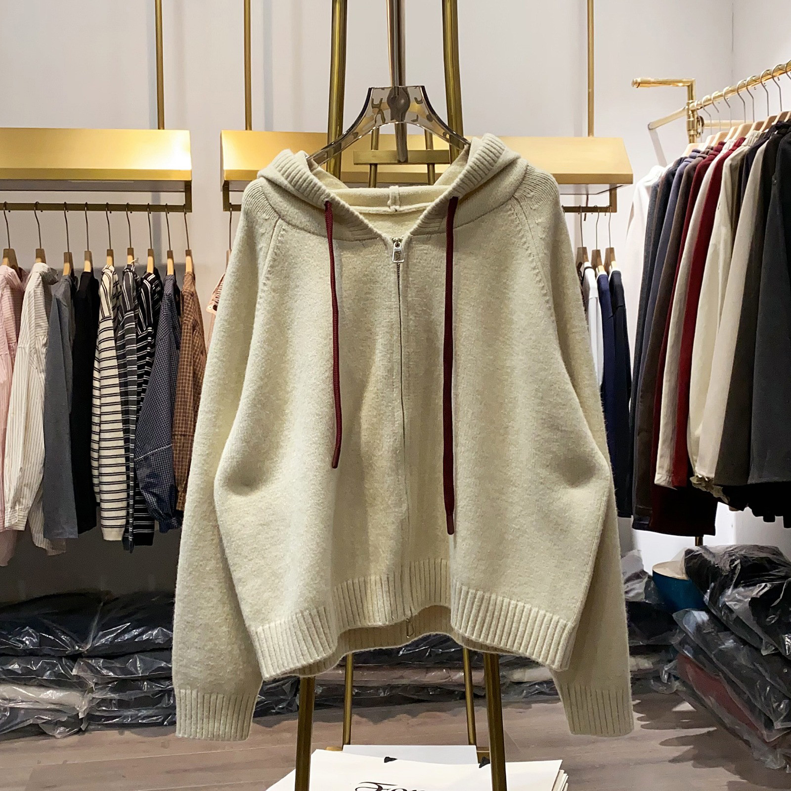 レディース フード付き ニットカーディガン ラグランスリーブ ドローストリング レトロ アウター トップス