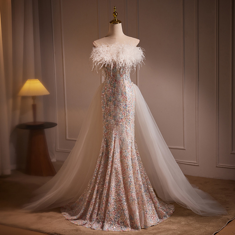 綺麗 白 スパンコール マーメイドドレス 裾引き 高級感 花嫁 成人式 演奏会 二次会 前撮り 披露宴 08766