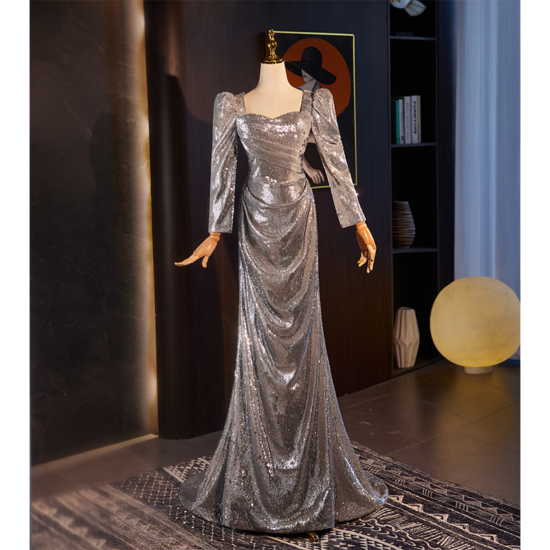 綺麗 シルバー 長袖 キラキラ スパンコール マーメイドドレス 高級感 誕生日 演奏会 二次会 前撮り 披露宴08765