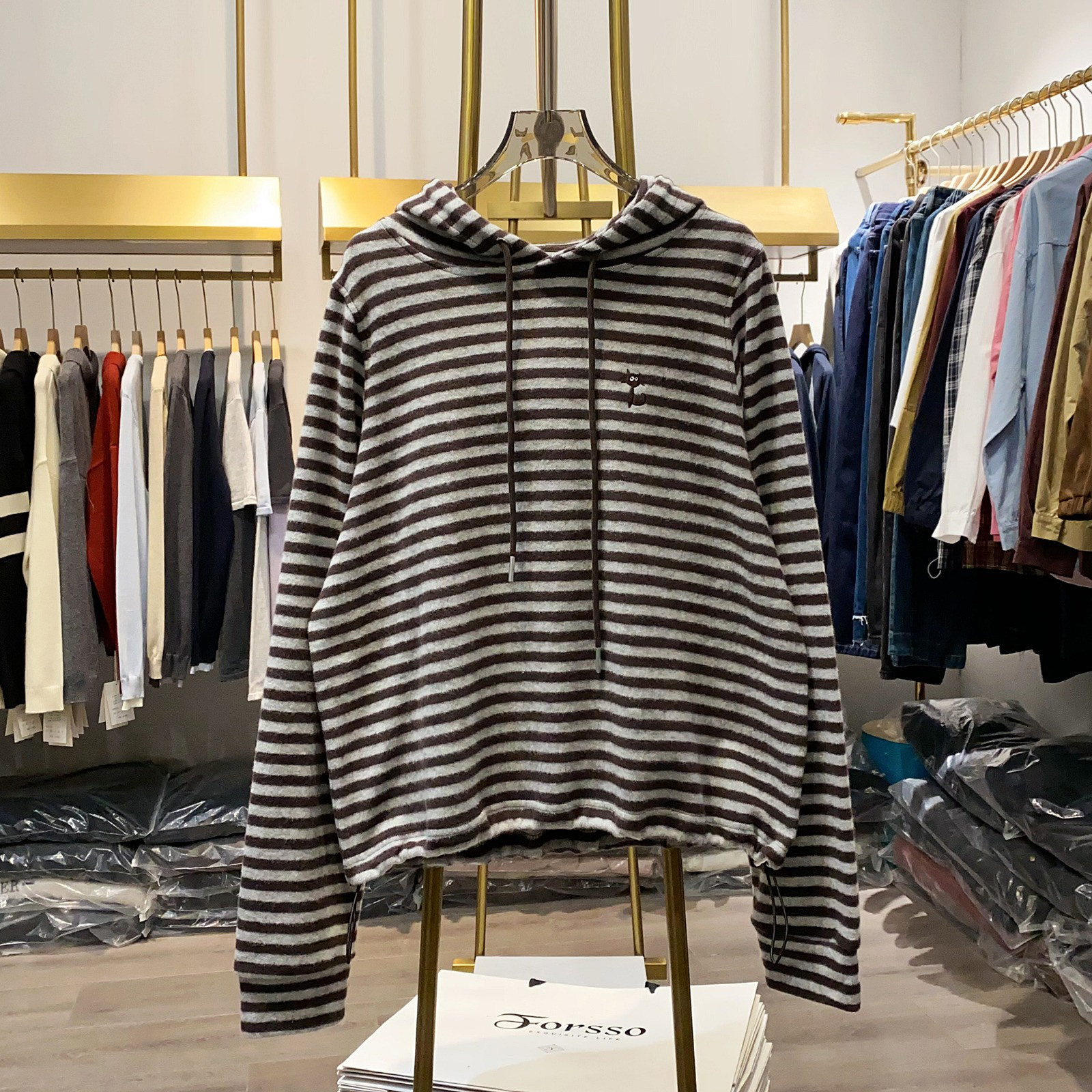 レディース フード付き Tシャツ 長袖 猫 刺繍 ボーダー ゆったり トップス