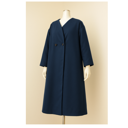 軽やかウール混のVネックAラインコート／ネイビー＊裏地なし＊ホック2個＊S〜3L対応