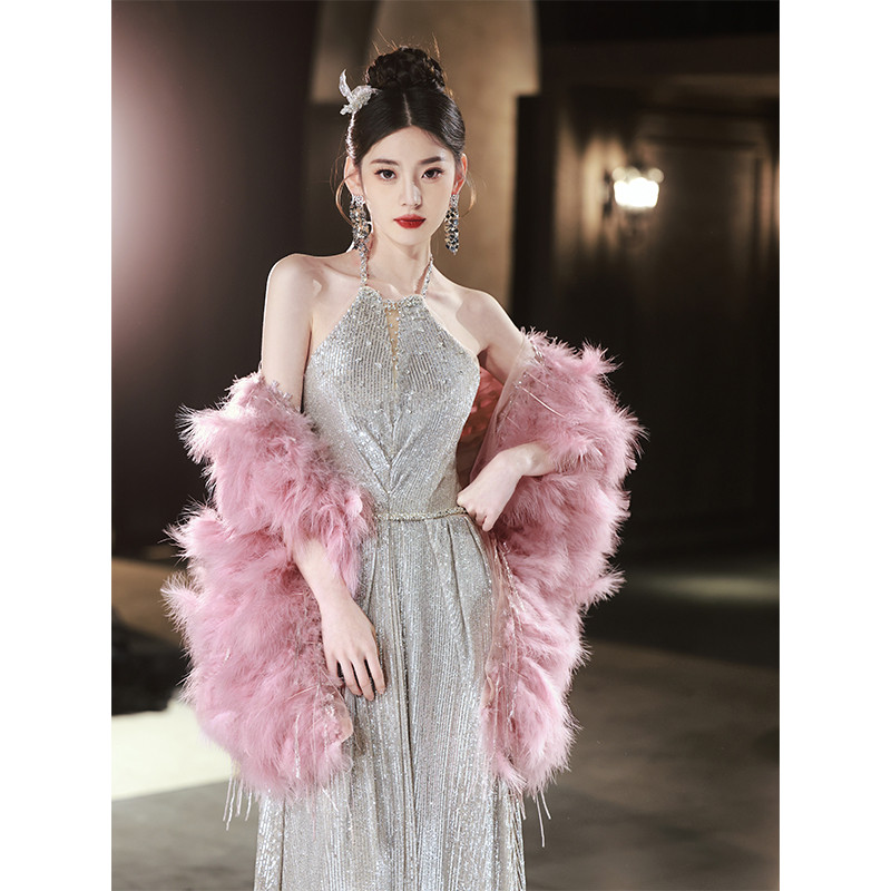 綺麗 シルバー スパンコール パーティードレス 肩飾りが付 花嫁 誕生日 演奏会 二次会 前撮り 披露宴 08763