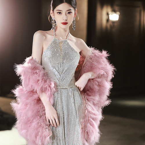 【7歳】ドレス　ピンクベージュ　ファー 秋冬限定 ファーストール ピンク グレー DIY 肩飾り ドレス