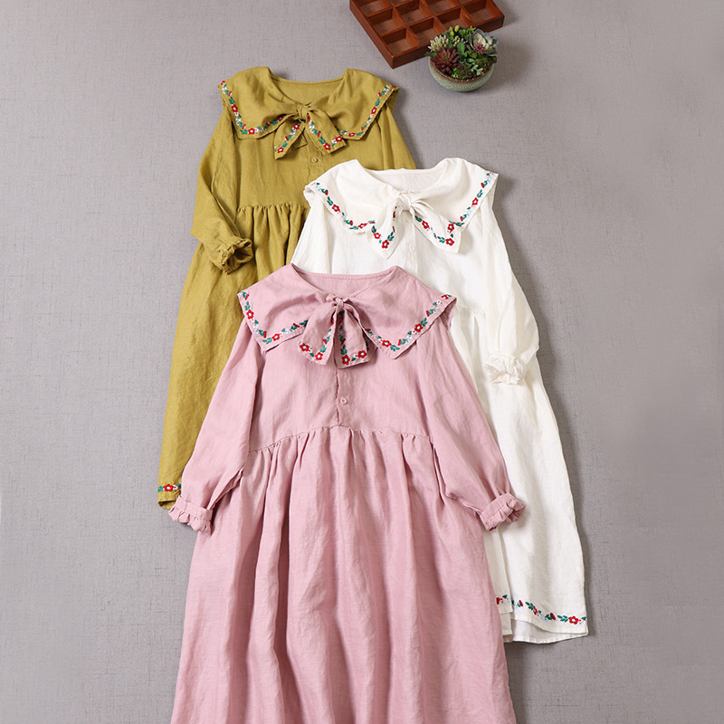 秋冬新作 森ガール風 スイート少女感 ハイクオリティ刺繍ワンピース日系レディース 100% コットン 刺繍デザイン 長袖