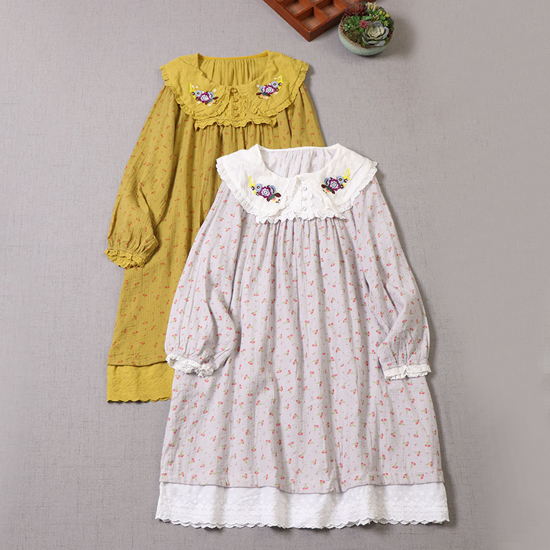 秋冬新作 スイートアゲはかない 刺繍ベビーカラーワンピースルーズフィット 万能搭載 全棉ダブルガーゼ ミニフラワー柄 プ