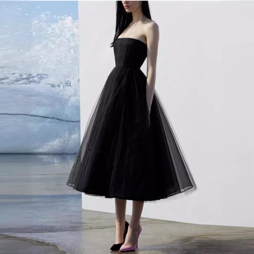 高級感 黒 オフショルダー パーティードレス シンプル 韓国風 花嫁 誕生日 成人式 演奏会 二次会 前撮り HL608