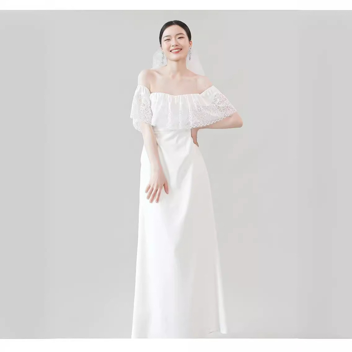 高級感 白黒 オフショルダー ウェディングドレス プリンセス 韓国風 シンプル 花嫁 誕生日 二次会 前撮り HL611