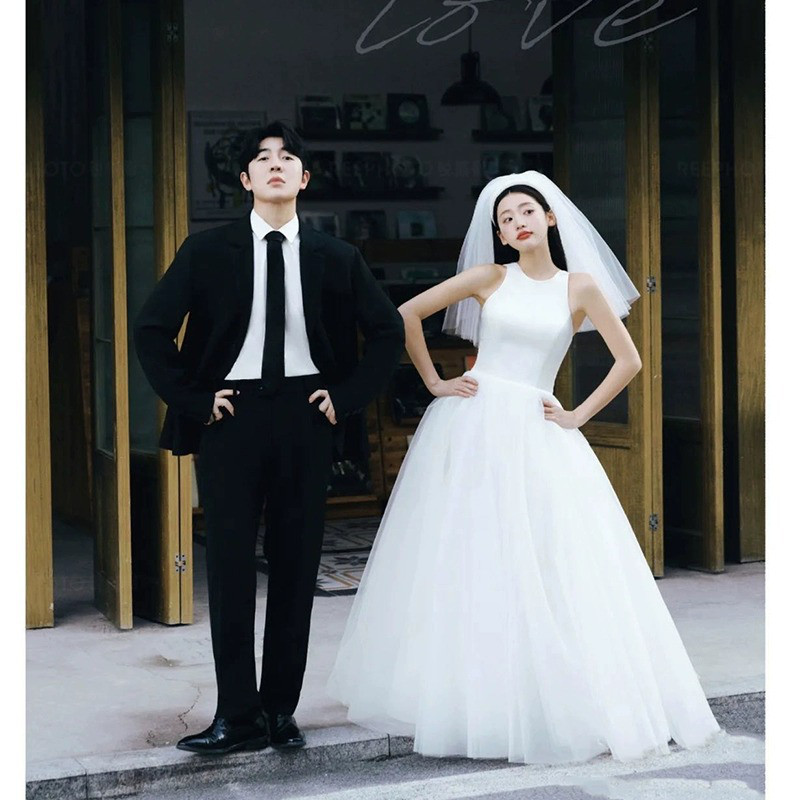 高級感 白黒 サテン ウェディングドレス プリンセス 韓国風 シンプル 花嫁 結婚式 誕生日 二次会 前撮り HL613