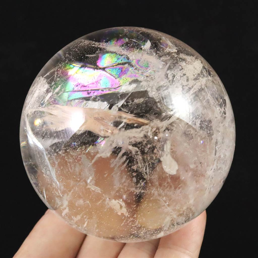 ブラジル産 天然水晶  74mmスフィア 丸玉 レインボー アイリスクォーツ 台付 591g #24645