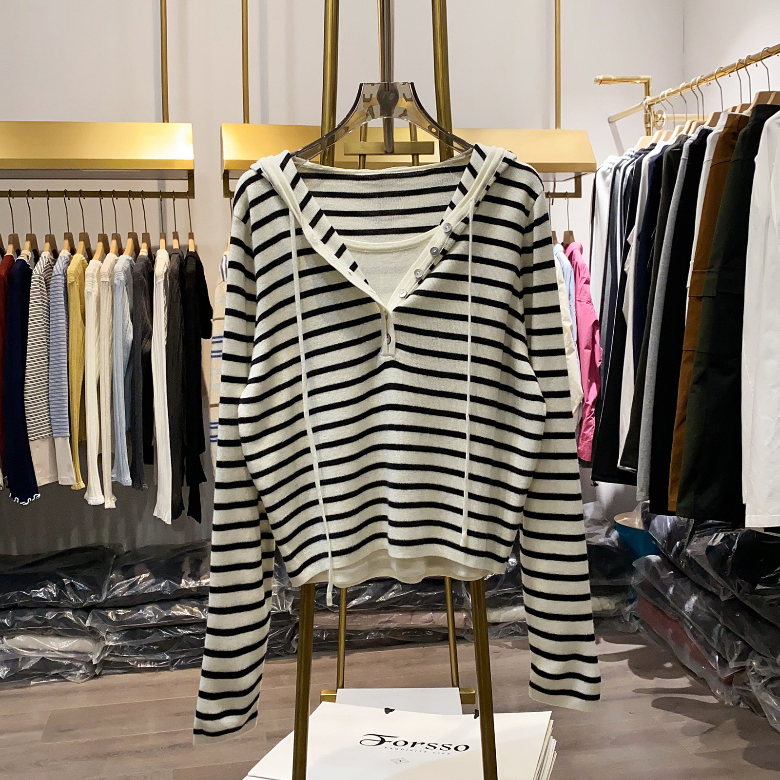 レディース レイヤード風 パーカー ボーダー ドローストリング ゆったり トップス