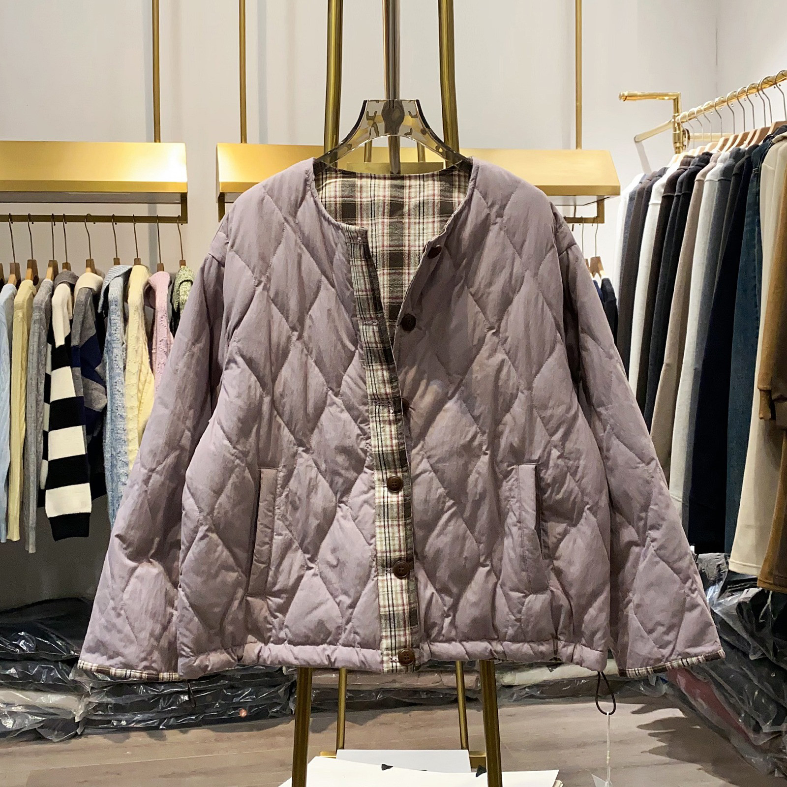 レディース リバーシブル ダウンジャケット クルーネック 裾ドローストリング アウター トップス