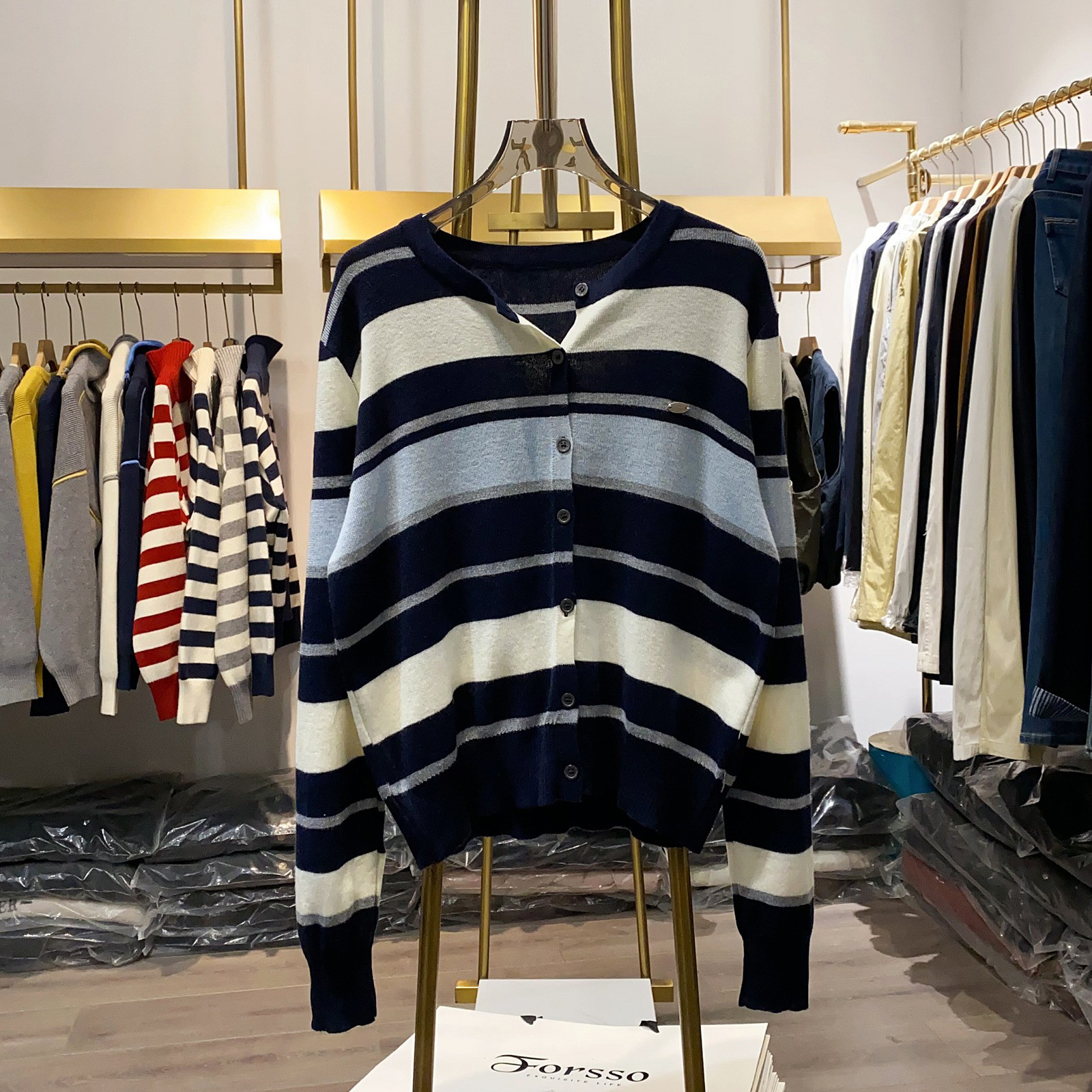 レディース ニットカーディガン クルーネック マルチボーダー 配色 アウター トップス