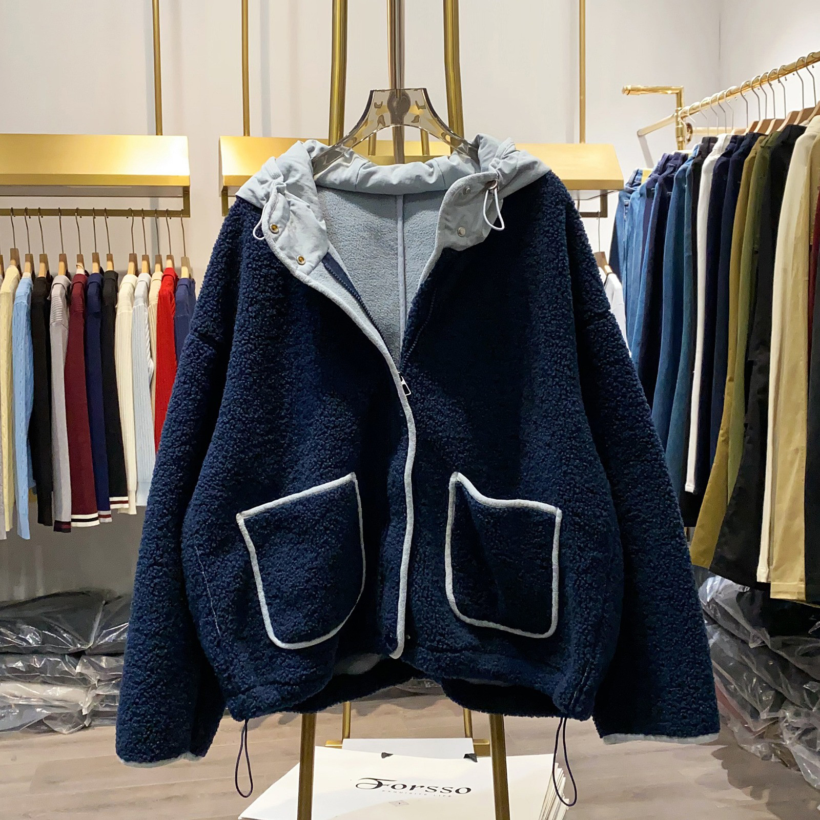 レディース ボアジャケット フード付き 配色襟 ドローストリング アウター トップス