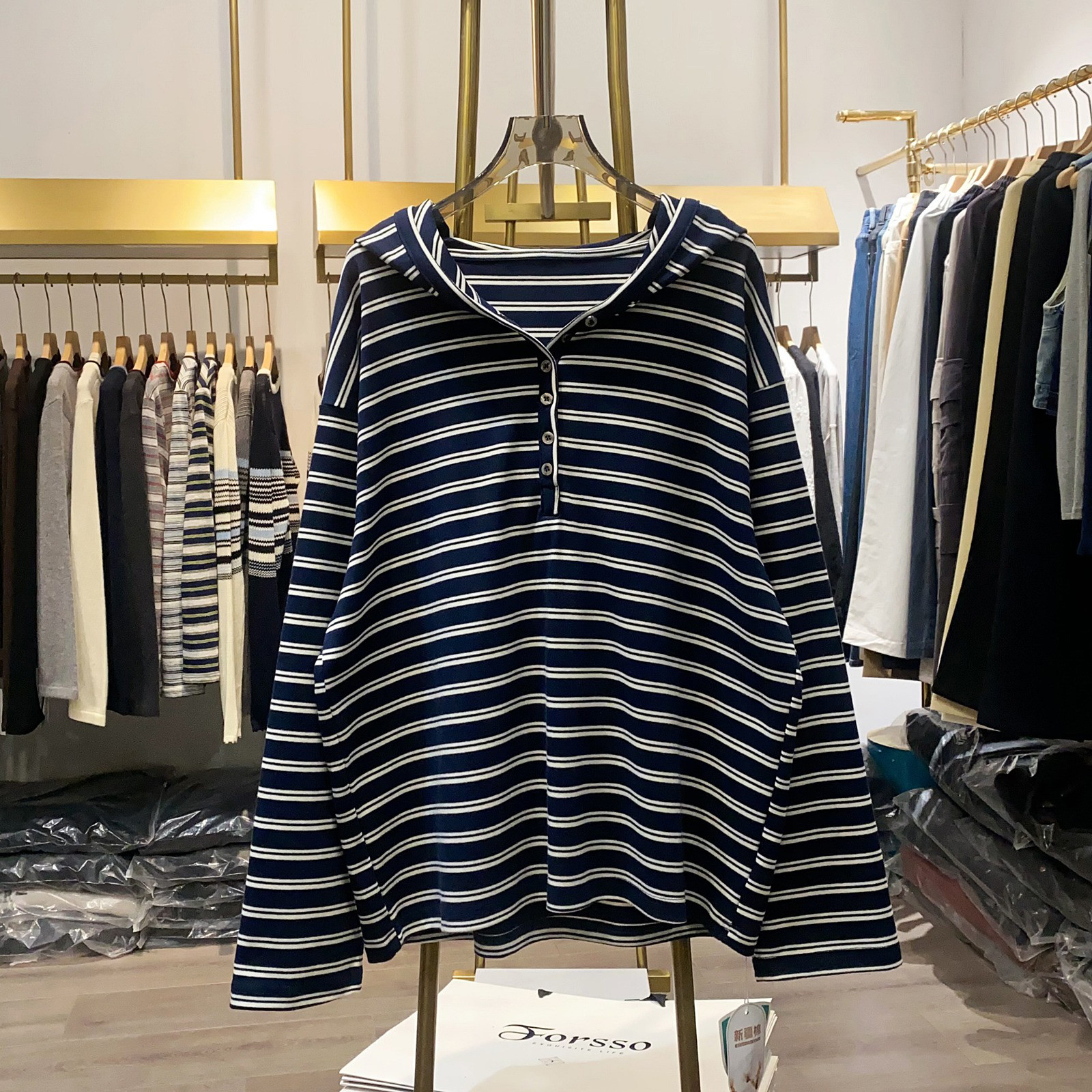 レディース ハーフボタン パーカー ボーダー トップス