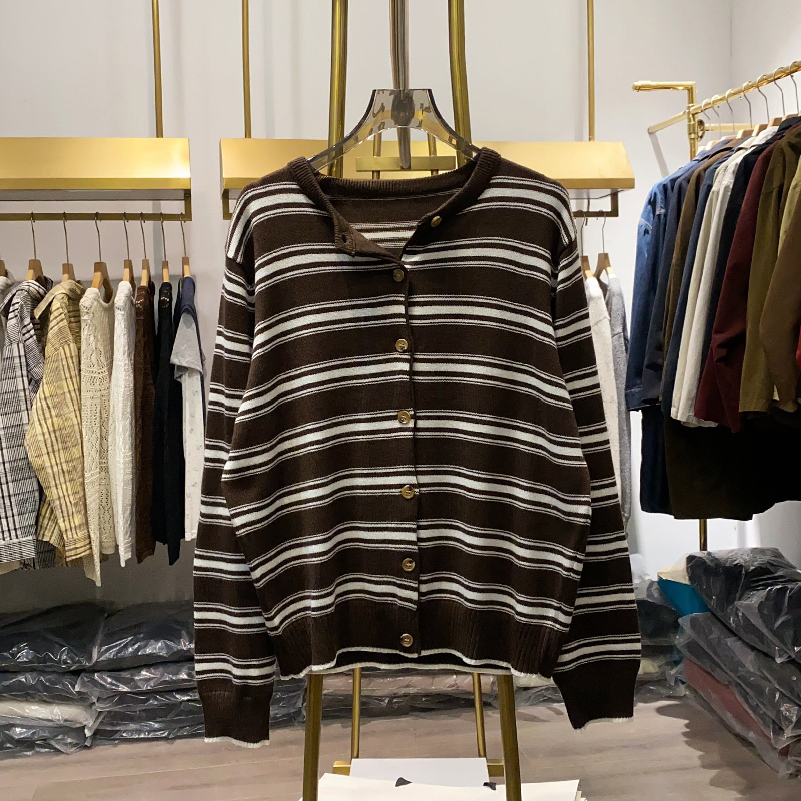 レディース ニットカーディガン クルーネック 配色 ボーダー レトロ トップス