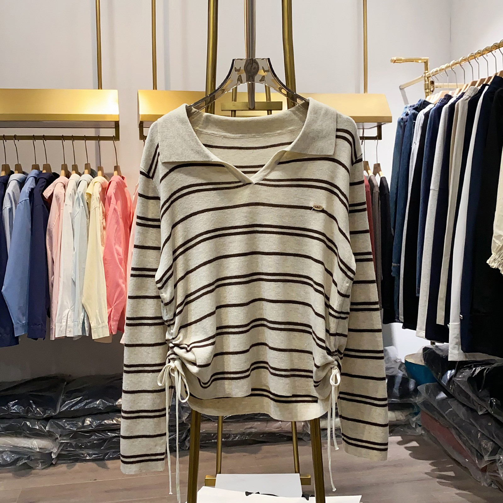 レディース 襟付き Tシャツ 長袖 ボーダー サイドスリット トップス