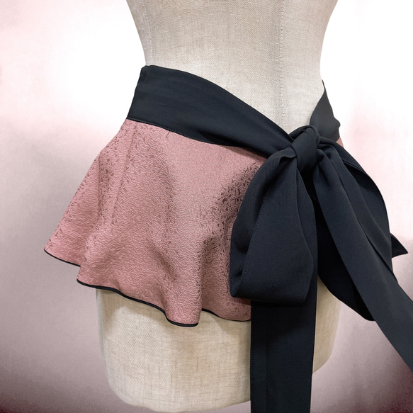 リバーシブル 黒裏ピンク フリル サッシュベルト リボン W67〜87cm 太ベルト 着物リメイク リボン N71109 9枚目の画像