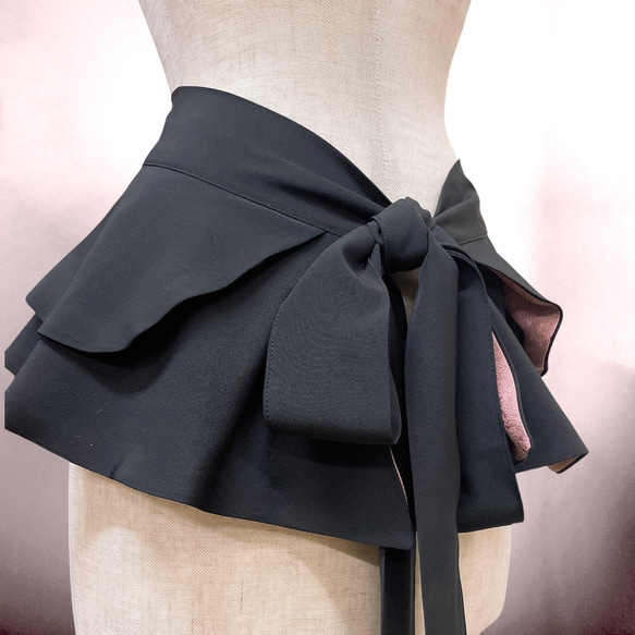 リバーシブル 黒裏ピンク フリル サッシュベルト リボン W67〜87cm 太ベルト 着物リメイク リボン N71109 3枚目の画像