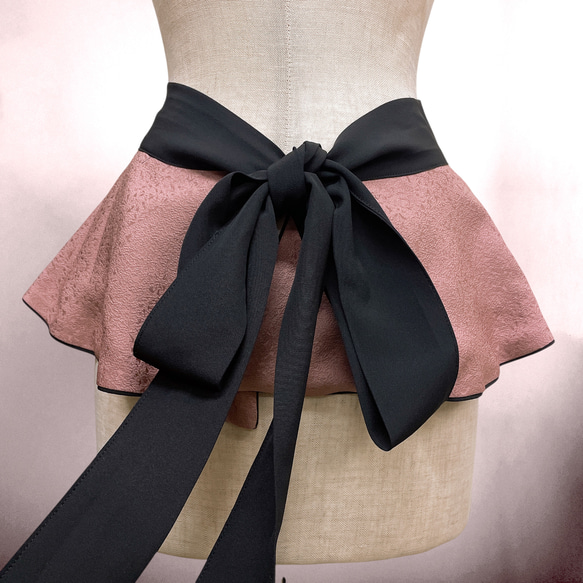 リバーシブル 黒裏ピンク フリル サッシュベルト リボン W67〜87cm 太ベルト 着物リメイク リボン N71109 6枚目の画像