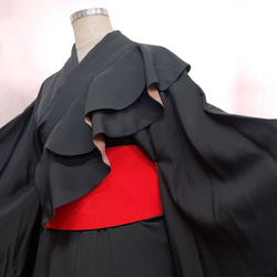 リバーシブル 黒裏ピンク フリル サッシュベルト リボン W67〜87cm 太ベルト 着物リメイク リボン N71109 5枚目の画像