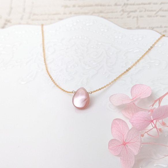 桜色ピンクシェルの１粒ネックレス・14kgf 7枚目の画像