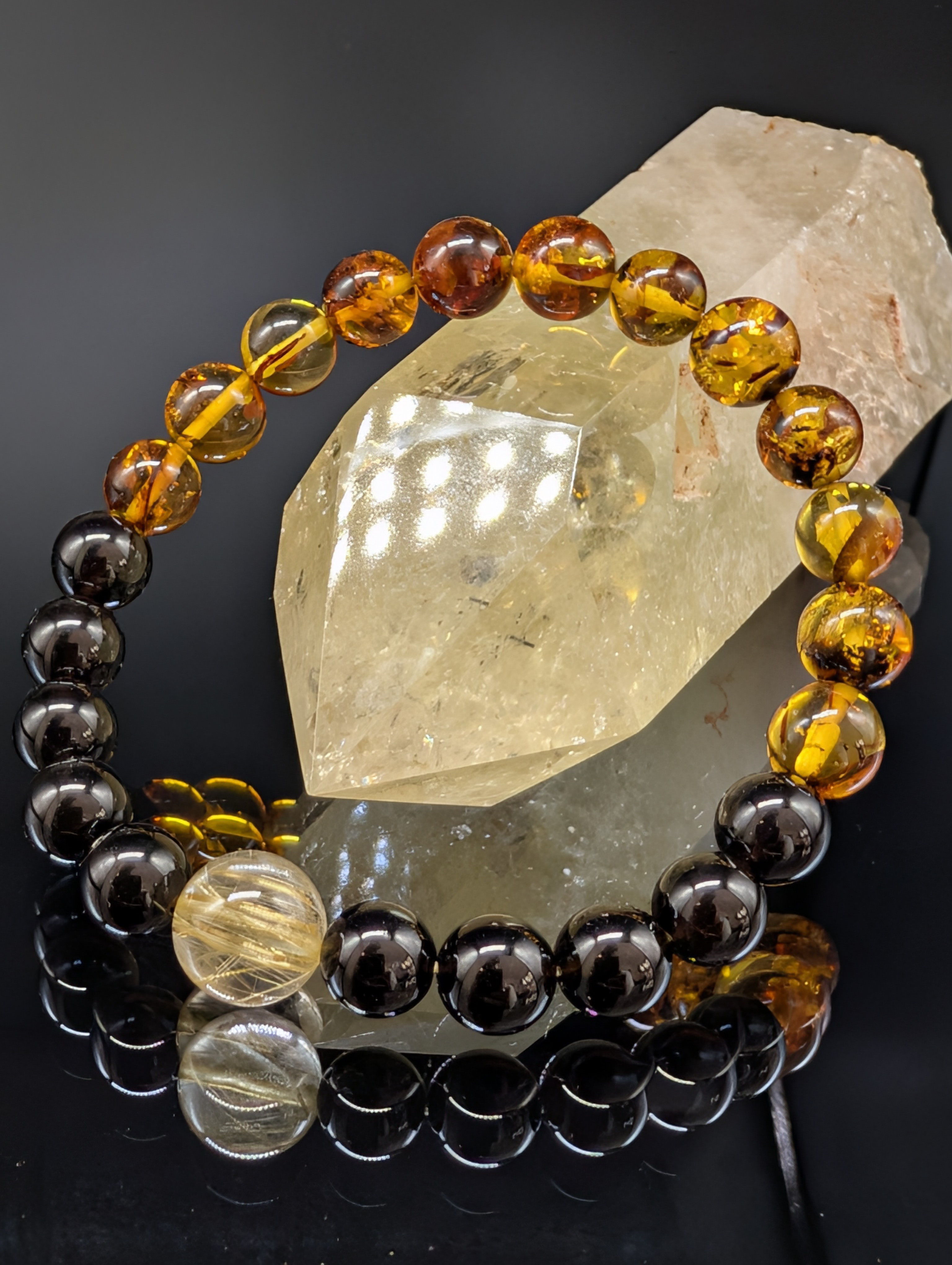 【金銭運・健康・最強守護】ゴールドルチルクォーツ・アンバー・モリオン・8mm(親玉10mm)ブレスレット
