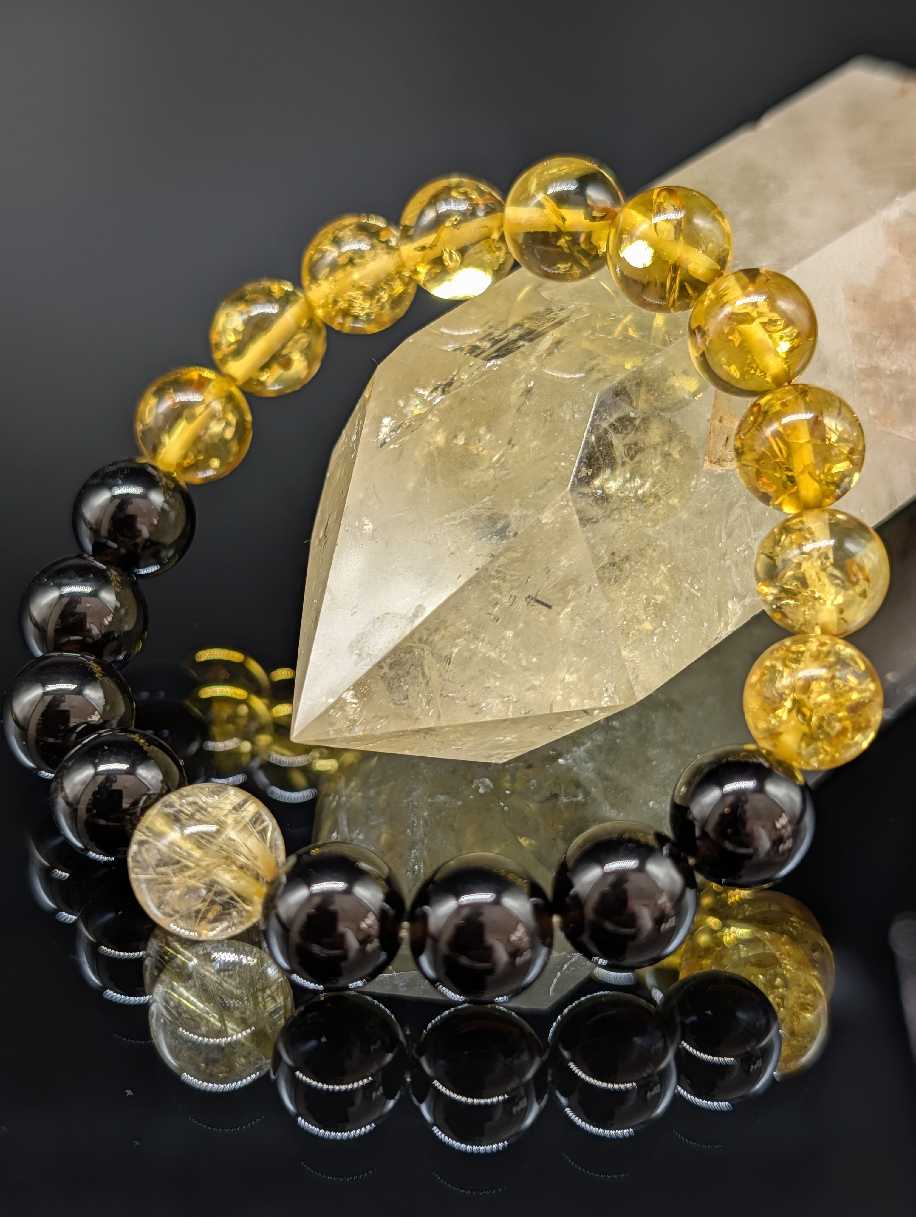 【金銭運・健康・最強守護】ゴールドルチルクォーツ・アンバー・モリオン・10mm・ブレスレット