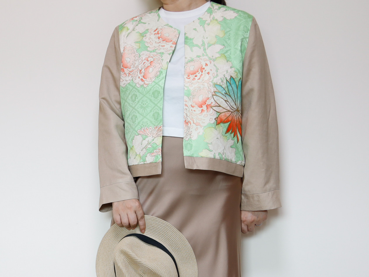 【１点もの】KIMONO CREW NECK JACKET  -ヴィンテージ着物を使ったクルーネックジャケット