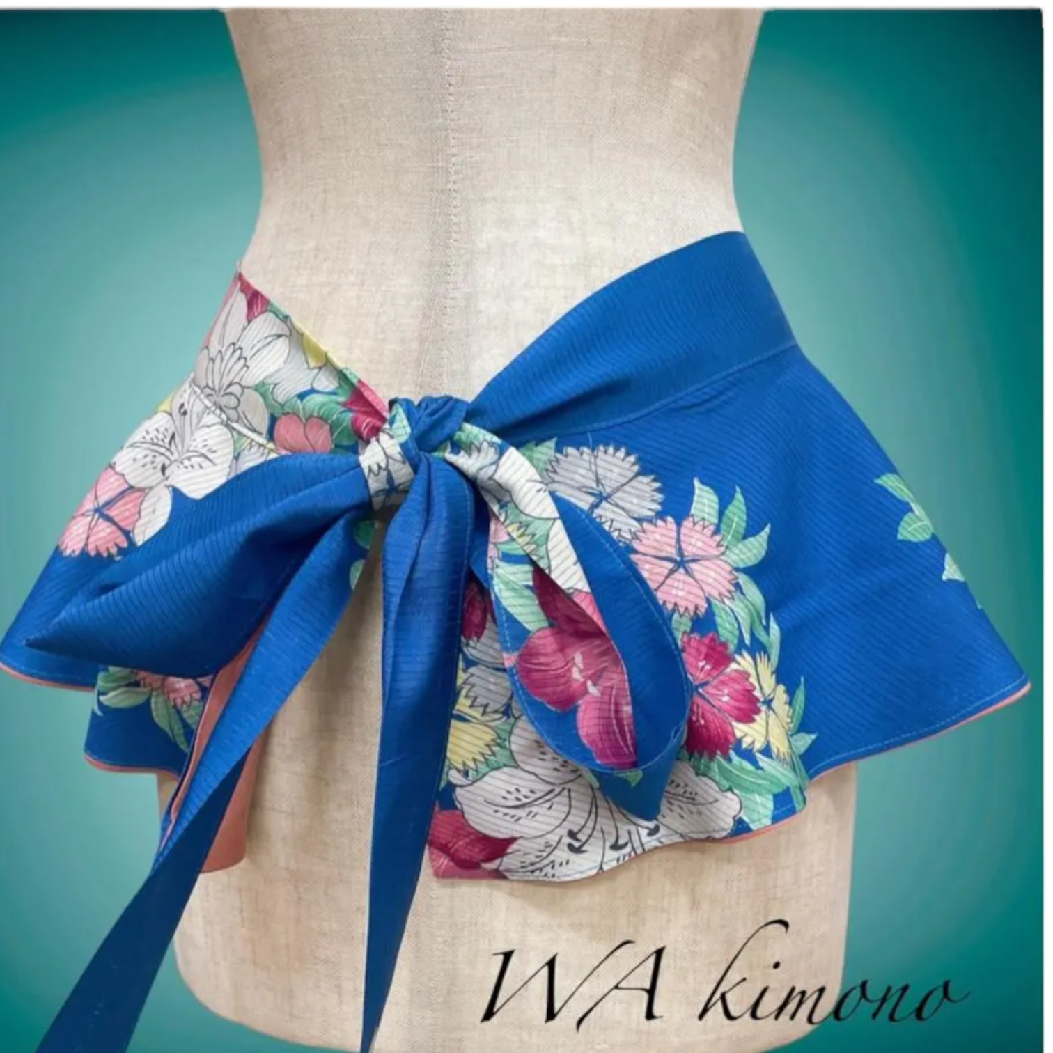 花柄 ビビッドブルー リボン サッシュベルト ウエスト70〜100cm 着物リメイク 水色 71005