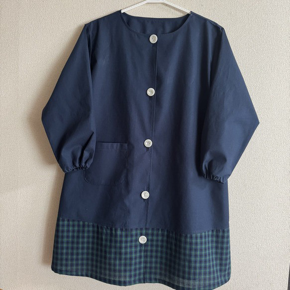 【S〜LL】大人 スモック グリーン チェック ネイビー 前ボタン 長袖 切替