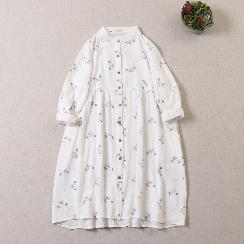 秋冬ニューモデル 全綿ダブルガーゼプリントワンピース ルーズプラスサイズ 万能オープンカーディガンドレス 丸襟 ロングス