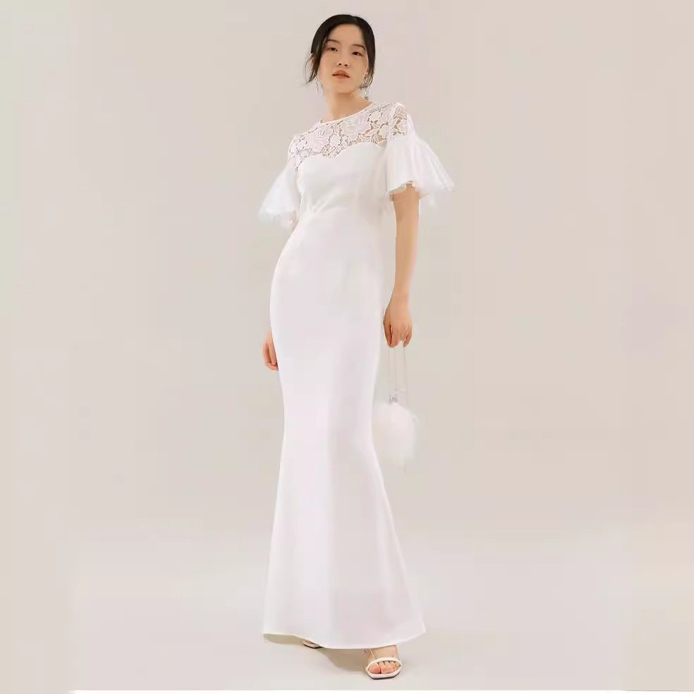 高級感 白黒 半袖 ウェディングドレス マーメイドドレス 韓国風 シンプル 花嫁 結婚式 二次会 前撮り HL616