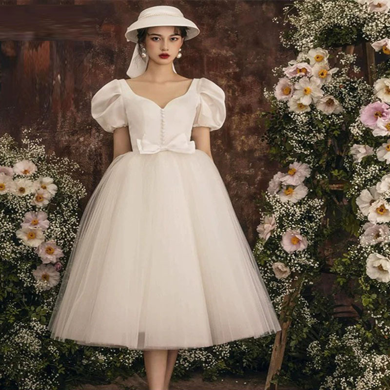 綺麗 白 黒 パフスリーブ ふわふわ ウェディングドレス プリンセス 韓国風 花嫁 結婚式 二次会 前撮り HL618