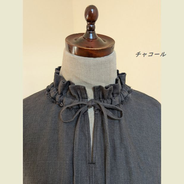 スタンドフリル　スキッパー　プルオーバー　ブラウス　リネン